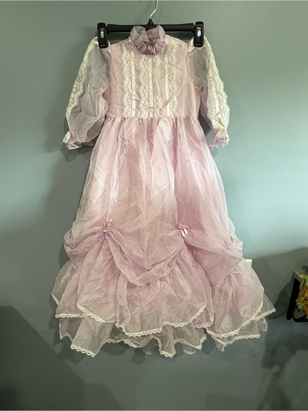 VTG 70s Lilac Organza Prairie Dress High Neck Lace Girls Youth Tiered Gown